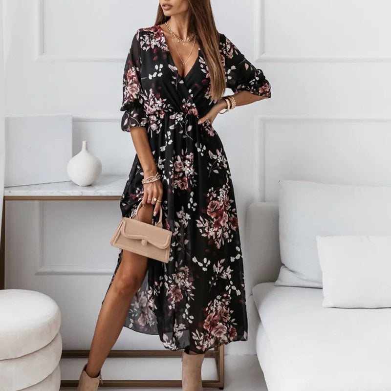 Women's Maxi Dress - V-Neck - 3/4 Sleeves - Elastic Waist - Slit - Light and Elegant