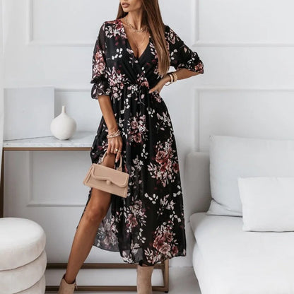 Women's Maxi Dress - V-Neck - 3/4 Sleeves - Elastic Waist - Slit - Light and Elegant