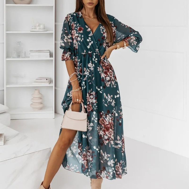 Women's Maxi Dress - V-Neck - 3/4 Sleeves - Elastic Waist - Slit - Light and Elegant
