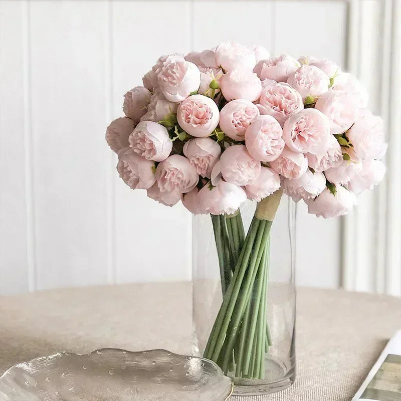 Minimalist Silk Peony Bouquet with Glass Vase