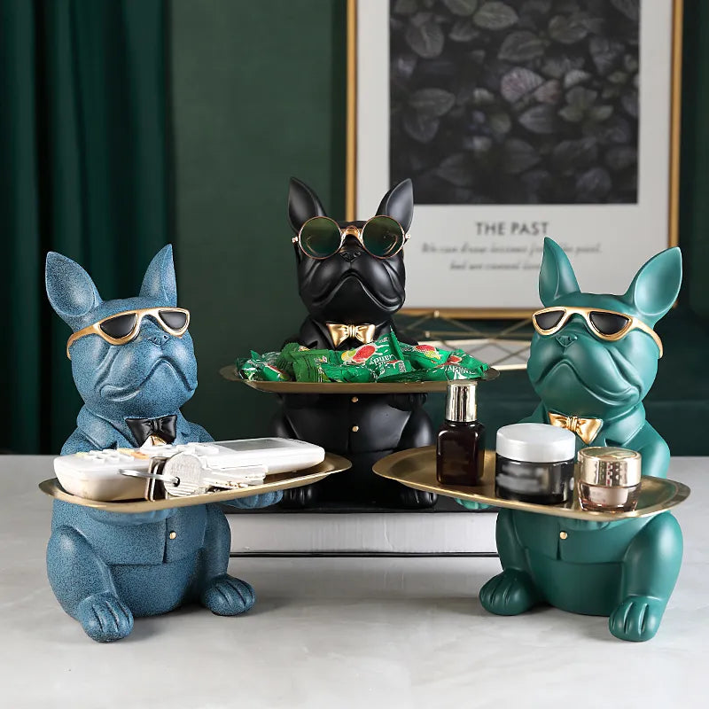 Contemporary Bulldog Figurine Tray with Gold Bow Tie