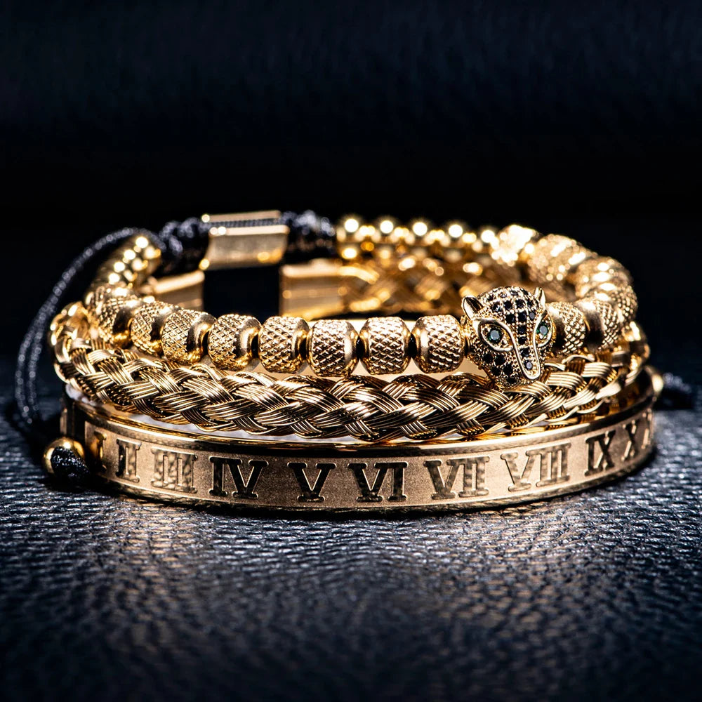 Benjamin Two-Piece Set | Beaded Panther Charm Braided Cuff Bracelet Set