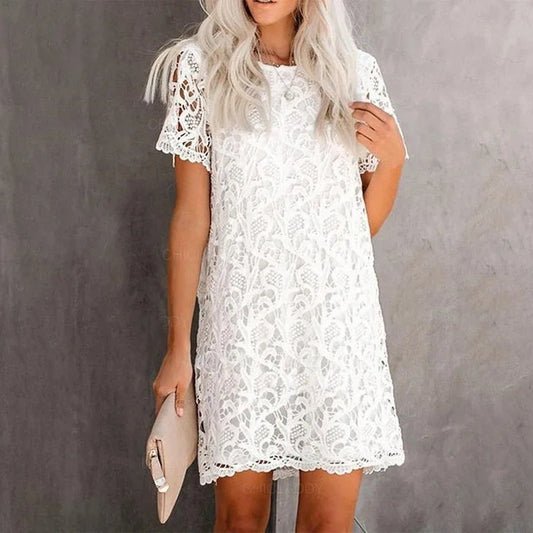 Women's Lace Dress - Short Sleeve - Round Neck - Elegant Floral Pattern - Knee Length