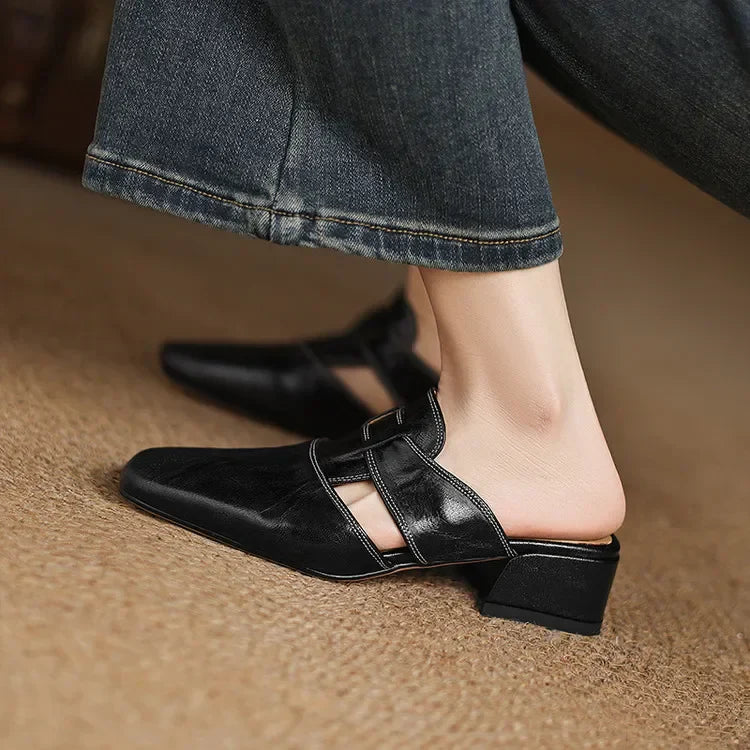 Minimalist Leather Mules with Block Heel