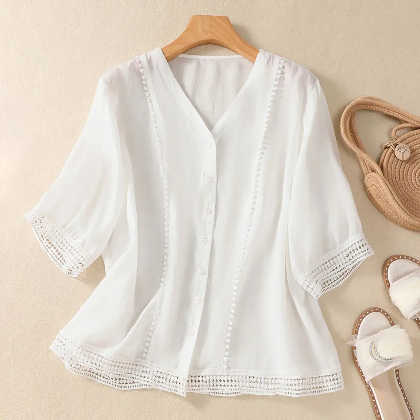 Lace Trim V Neck Blouse for Women – Lightweight Elegant Comfort