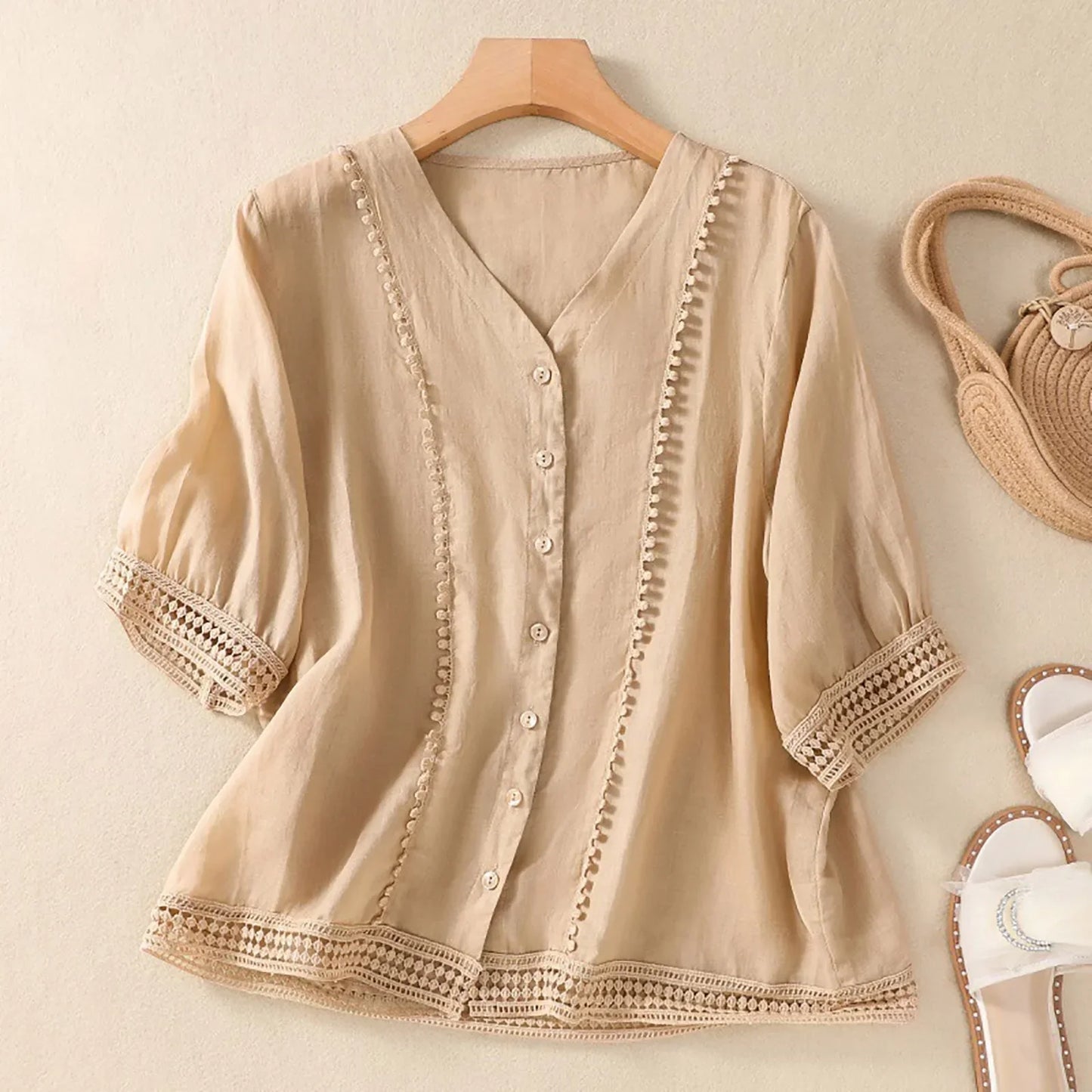 Lace Trim V Neck Blouse for Women – Lightweight Elegant Comfort