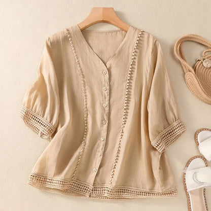 Lace Trim V Neck Blouse for Women – Lightweight Elegant Comfort