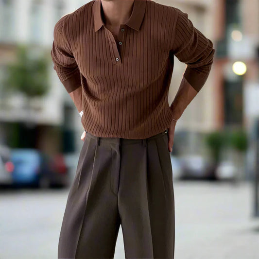 Men's Polo Sweater - Ribbed Knit - Long-Sleeved - Soft Knit - Comfortable Fit
