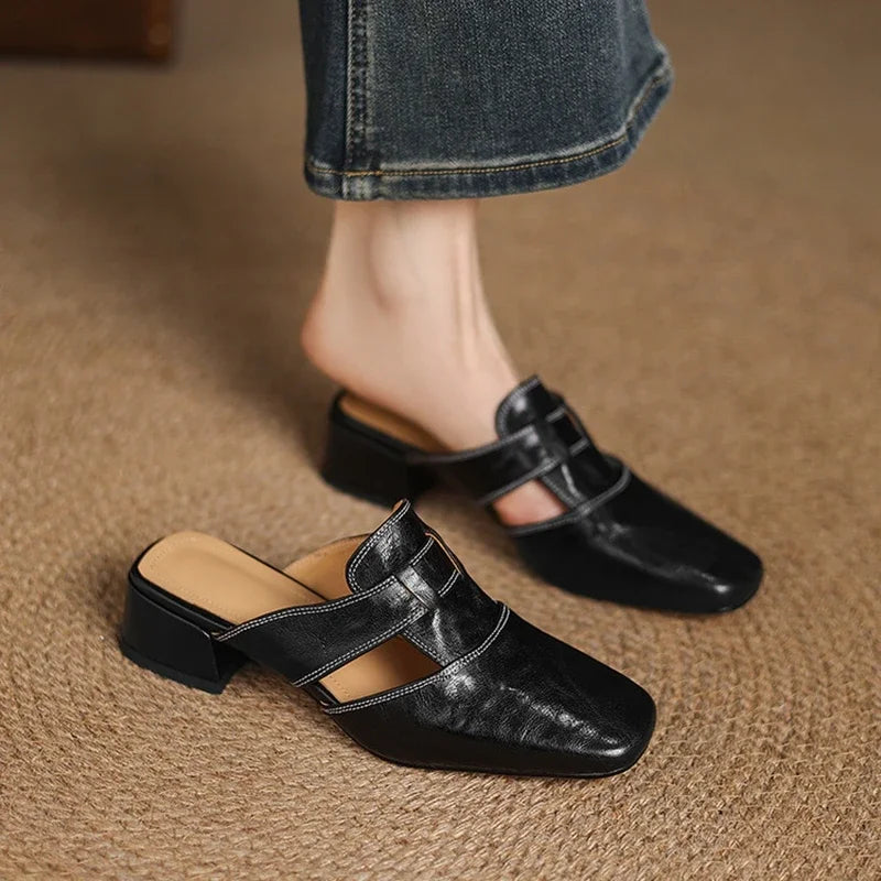 Minimalist Leather Mules with Block Heel
