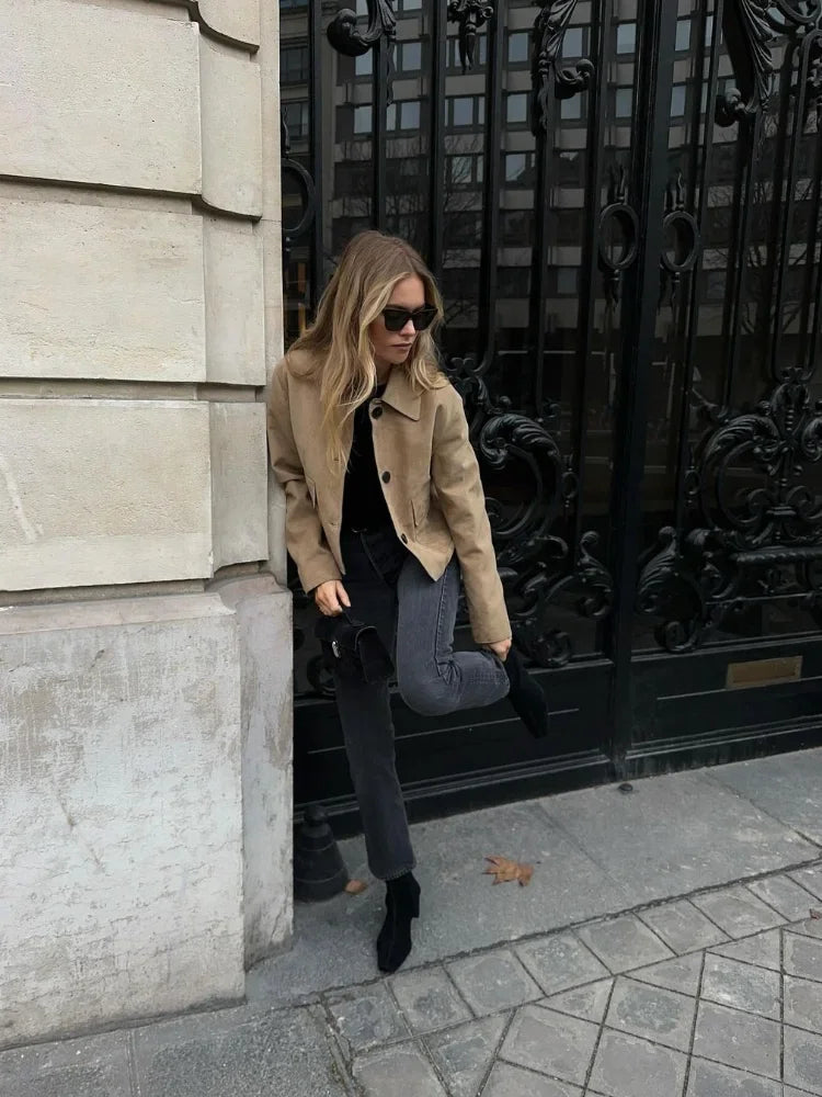 Women's Suede Jacket - Short Fitted - Button Closure - Classic Design with Flap Pockets