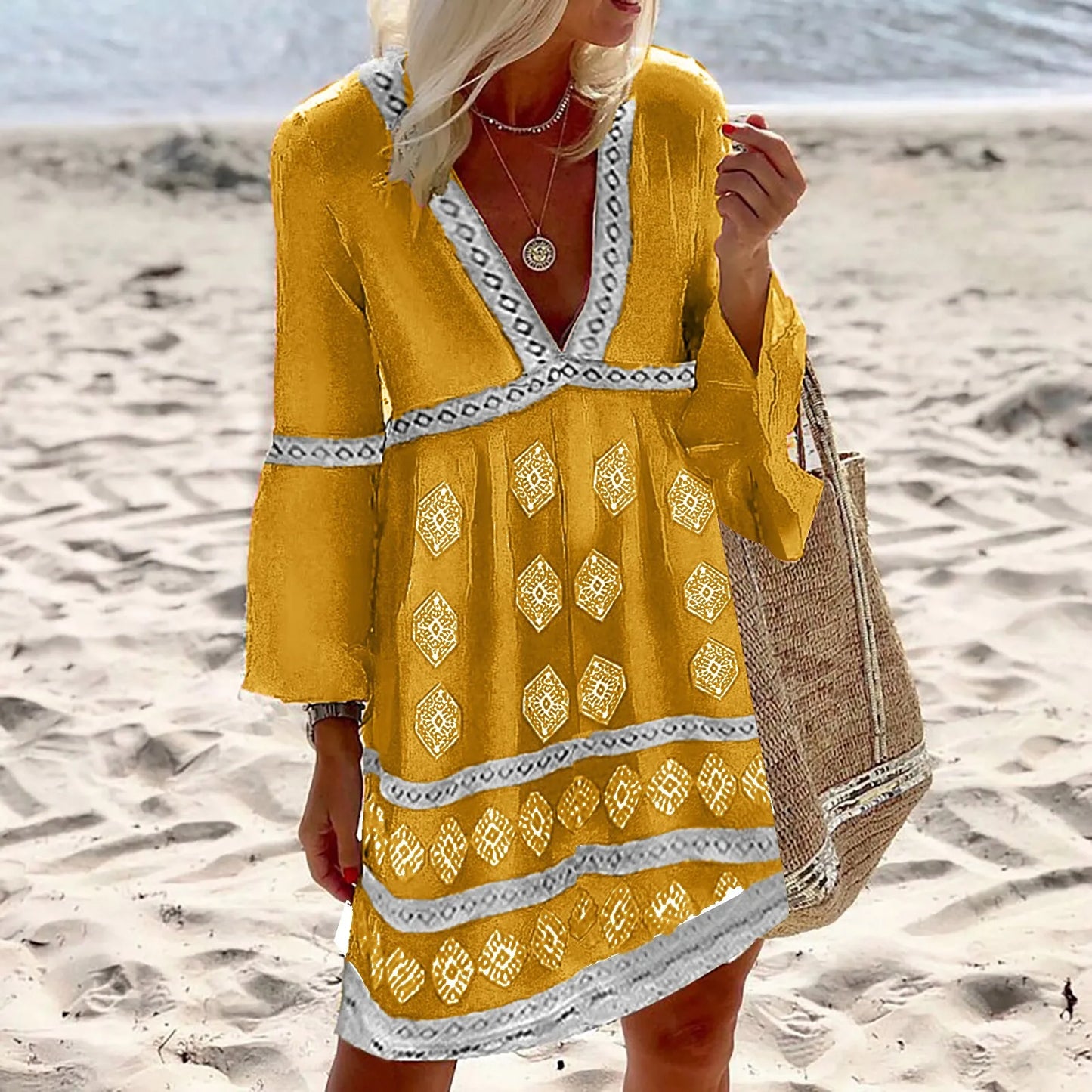 Women's Beach Dress - Loose Fit - V-Neck with Pattern - Ruffle Sleeves Bohemian Style