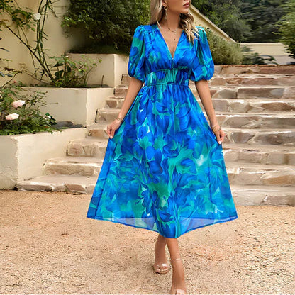 Women's Midi Dress - V-neck - Short Puff Sleeves - Fitted Waist - Floral Design