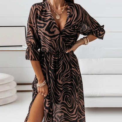 Women's Maxi Dress - V-Neck - 3/4 Sleeves - Elastic Waist - Slit - Light and Elegant