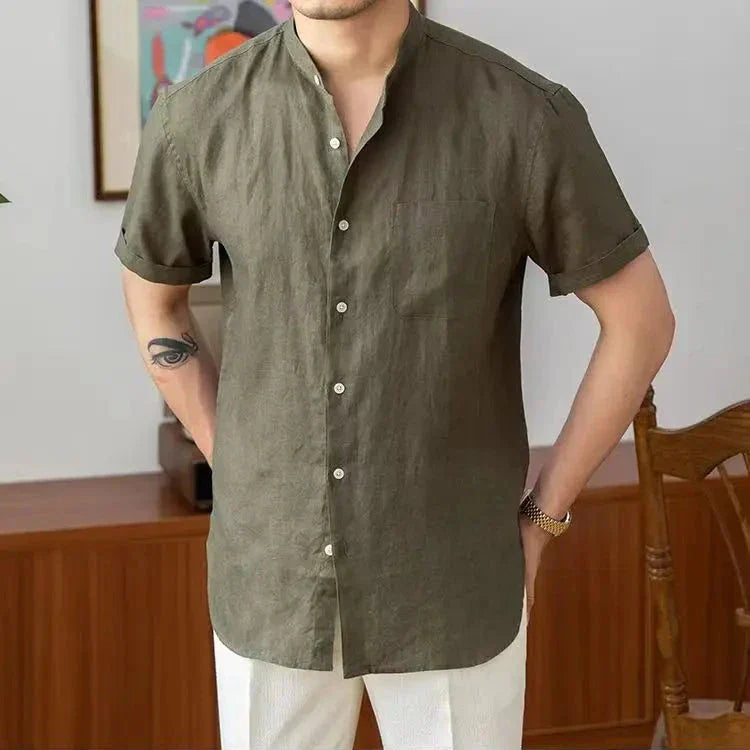 Men's Shirt – Relaxed Fit – Linen – Mandarin Collar – Long Sleeves – Button Closure