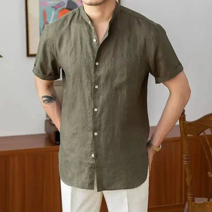 Men's Shirt – Relaxed Fit – Linen – Mandarin Collar – Long Sleeves – Button Closure
