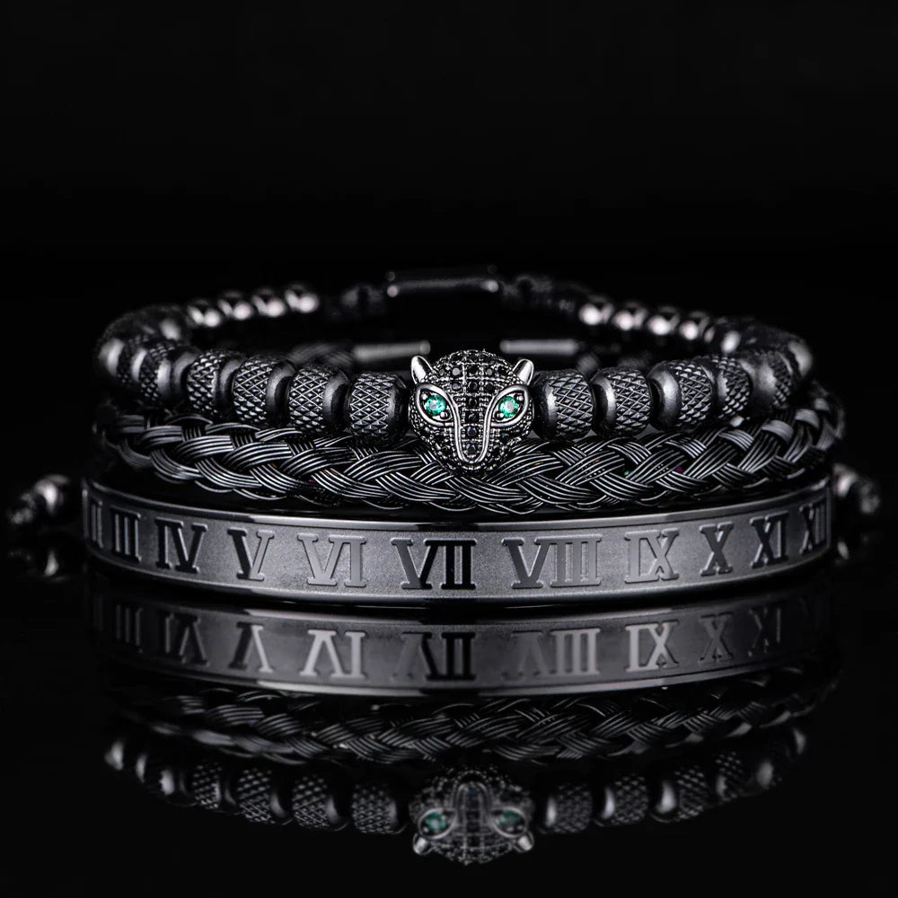 Benjamin Two-Piece Set | Beaded Panther Charm Braided Cuff Bracelet Set
