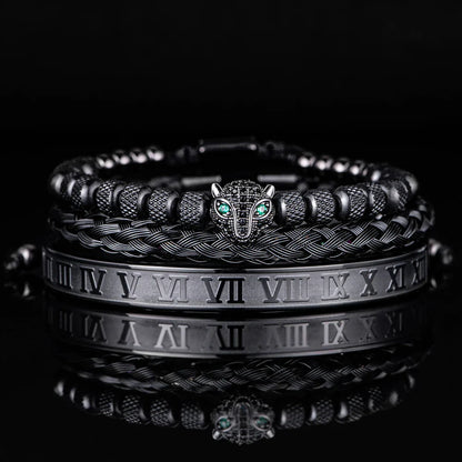 Benjamin Two-Piece Set | Beaded Panther Charm Braided Cuff Bracelet Set