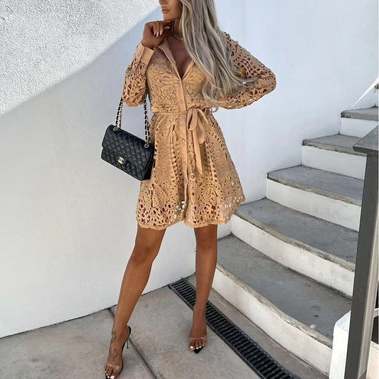 Women's Lace Dress - Mini Length - Long Sleeves - Button Closure - Fitted Waist