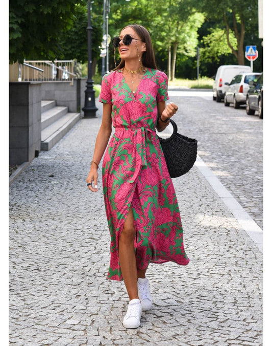 Women's Wrap Dress - Floral Print - V-Neck - Short Sleeves - Midi Length with Slit