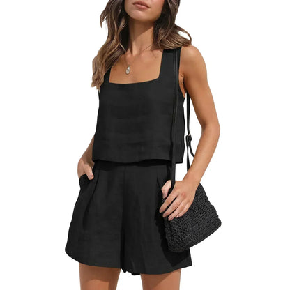 Women's Set – Sleeveless Top with Square Neckline – High-Waisted Shorts with Pleats – Light and Airy