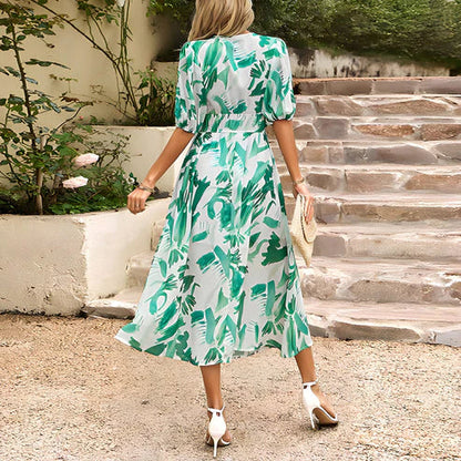 Women's Midi Dress - V-neck - Short Puff Sleeves - Fitted Waist - Floral Design