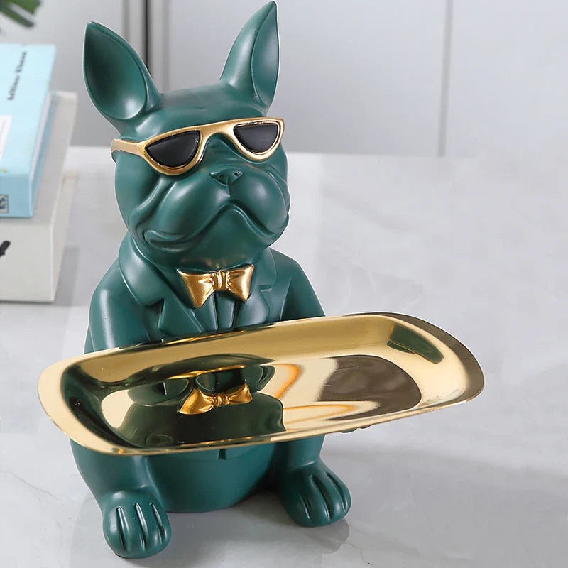 Contemporary Bulldog Figurine Tray with Gold Bow Tie