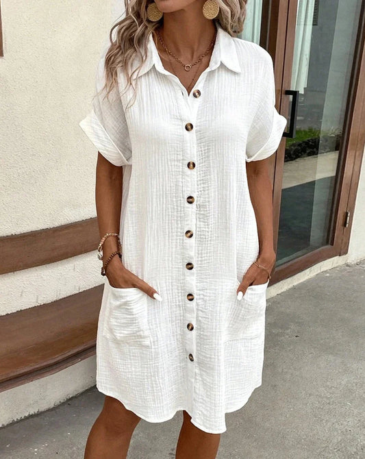 Women's Mini Dress – Natural Fibers – Relaxed Fit – V-Neck – 3/4 Sleeves – Button Closure – Large Pockets
