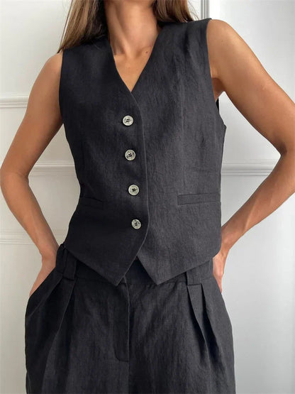 Tailored Fit Vest & Relaxed Wide Leg Trousers Set for Women – Casual Comfort & Style