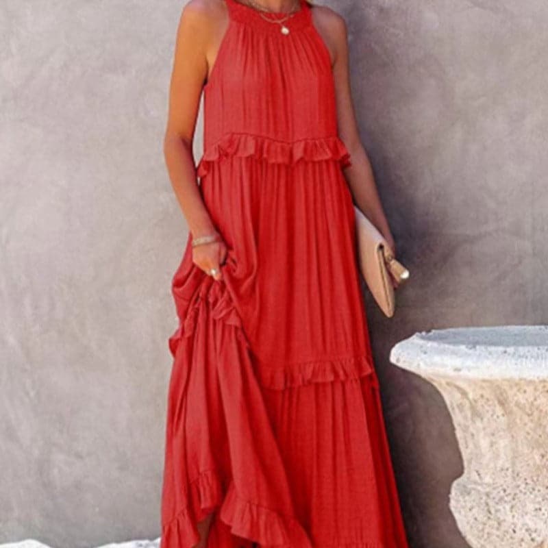 Women's Maxi Dress - Sleeveless Long Model - Airy Design with Ruffle Details