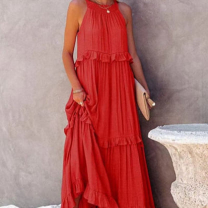 Women's Maxi Dress - Sleeveless Long Model - Airy Design with Ruffle Details