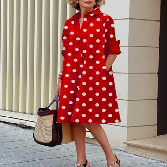 Women's Dress - A-line Cut - Polka Dot Pattern - Button Placket & Collar - 3/4 Sleeves