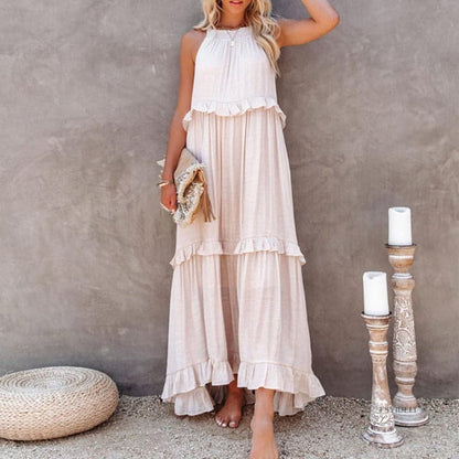 Women's Maxi Dress - Sleeveless Long Model - Airy Design with Ruffle Details