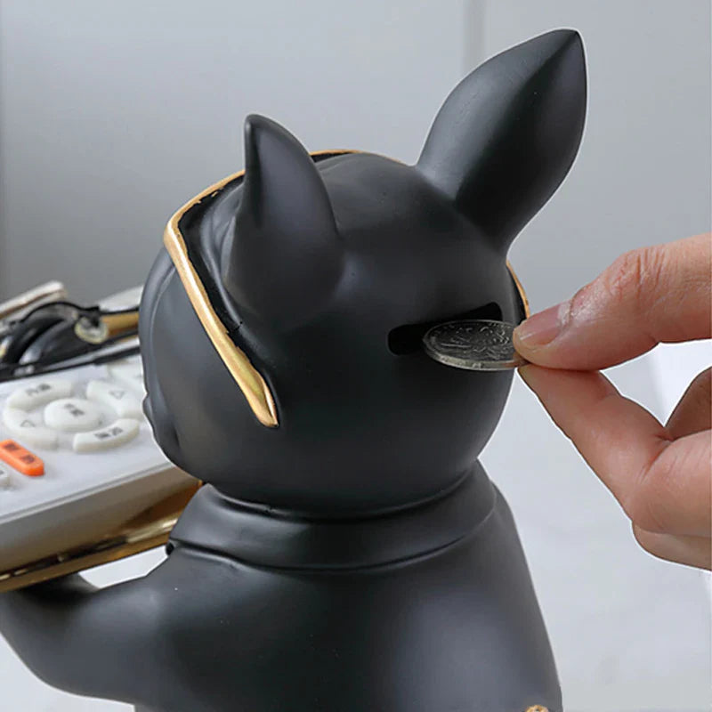 Contemporary Bulldog Figurine Tray with Gold Bow Tie