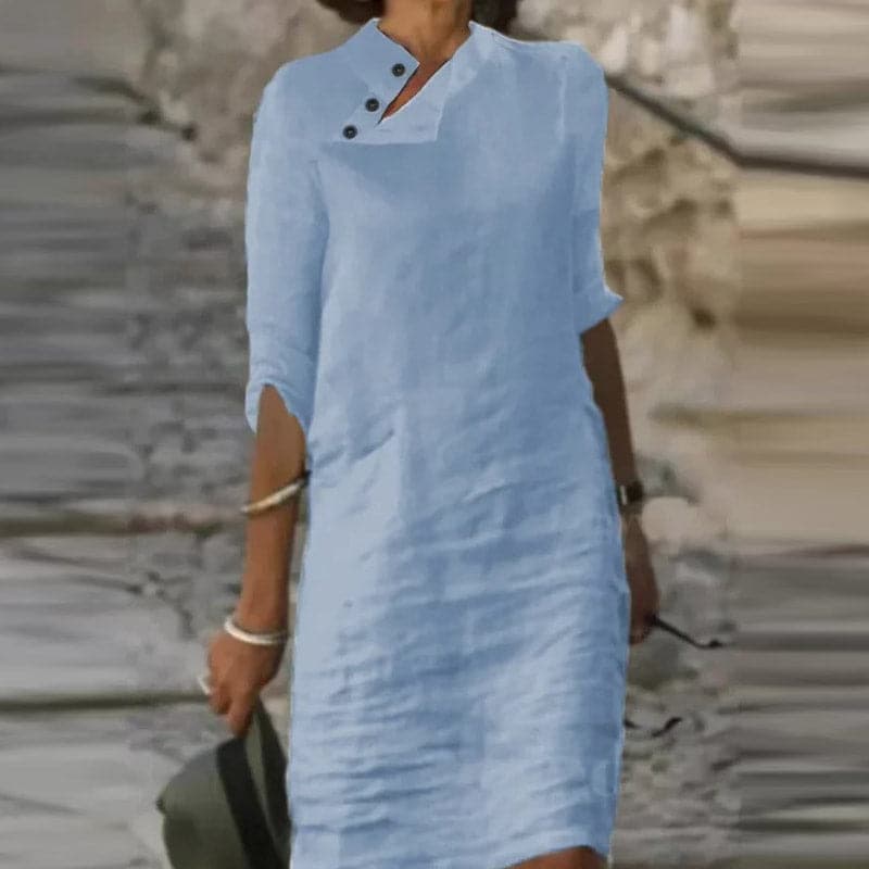 Women's Dress - Loose Fit - Knee Length - 3/4 Sleeves - Asymmetric Neckline with Button
