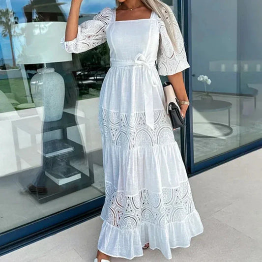 Women's Maxi Dress - Square Neckline - Lace Sleeves - Waistband - Layered Skirt