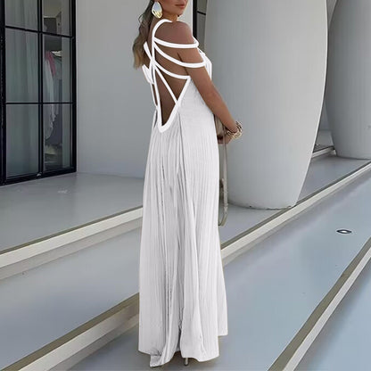 Maxi Dress for Women – Flexible Braided Straps – Pleated Fabric – Elegant Loose Fit