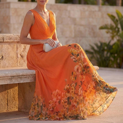 High-Waisted Pleated A-Line Maxi Dress for Women – Elegant Floral Style