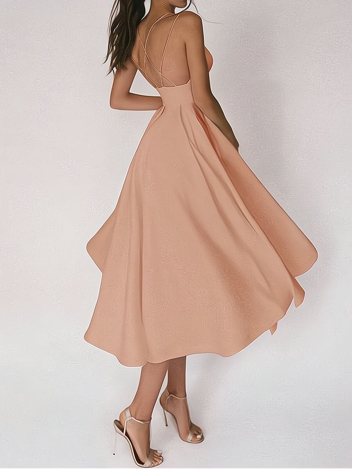 Women's Party Dress - V-Neck - Spaghetti Straps - Fitted Waist - Long A-Line Skirt