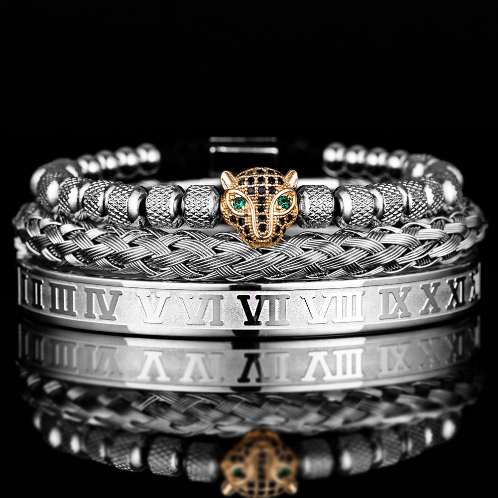 Benjamin Two-Piece Set | Beaded Panther Charm Braided Cuff Bracelet Set