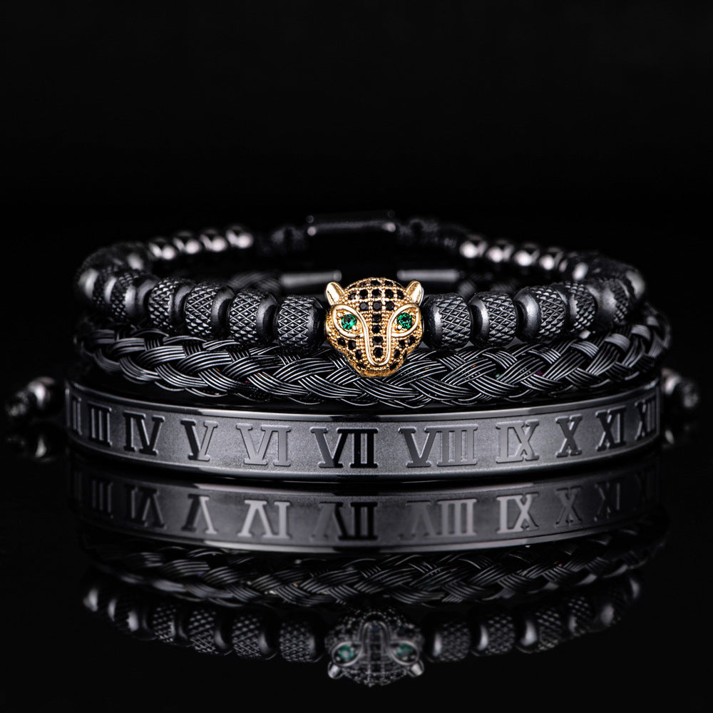 Benjamin Two-Piece Set | Beaded Panther Charm Braided Cuff Bracelet Set