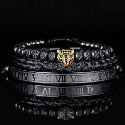 Benjamin Two-Piece Set | Beaded Panther Charm Braided Cuff Bracelet Set