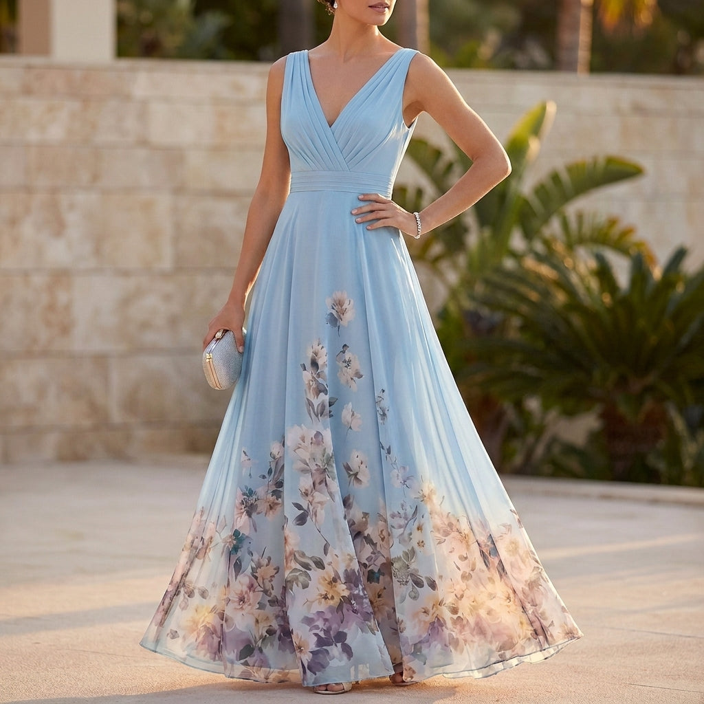 High-Waisted Pleated A-Line Maxi Dress for Women – Elegant Floral Style
