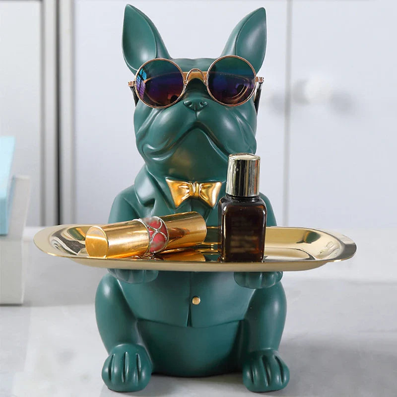 Contemporary Bulldog Figurine Tray with Gold Bow Tie
