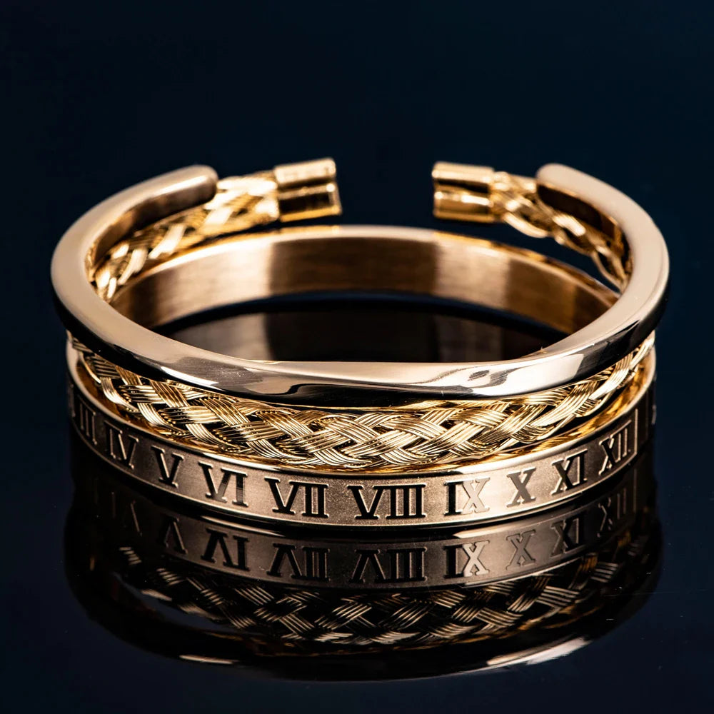 Oliver Bracelet Set | Open-Ended Braided Engraved Solid Bracelet Three-Piece Set