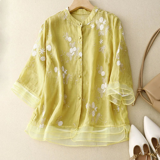 Floral Embroidered Button Front Blouse for Women – Graceful Everyday Elegance