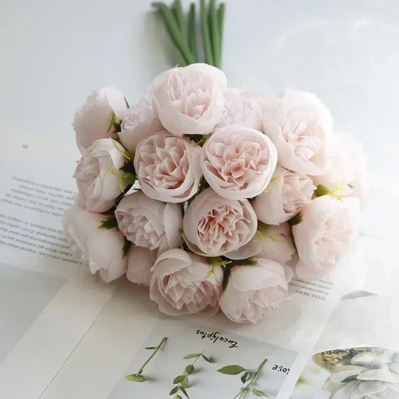 Minimalist Silk Peony Bouquet with Glass Vase
