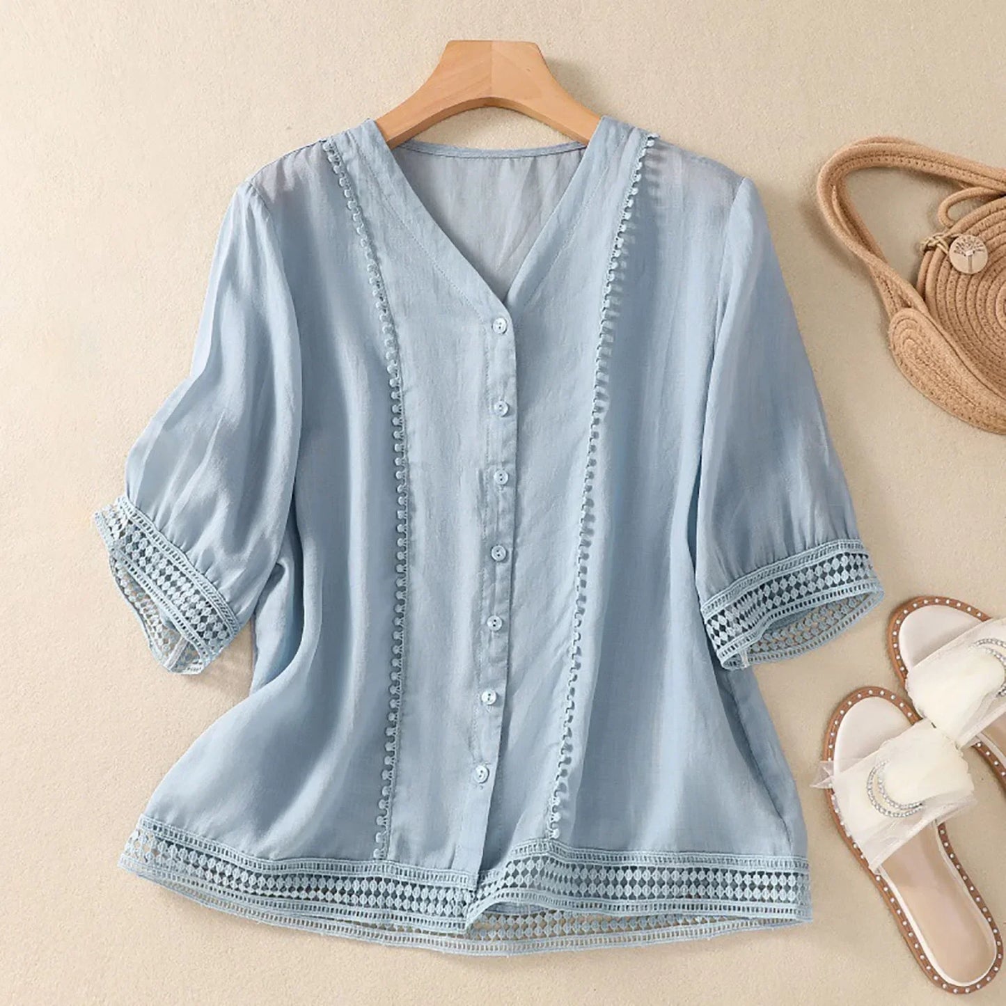 Lace Trim V Neck Blouse for Women – Lightweight Elegant Comfort