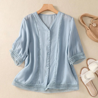 Lace Trim V Neck Blouse for Women – Lightweight Elegant Comfort