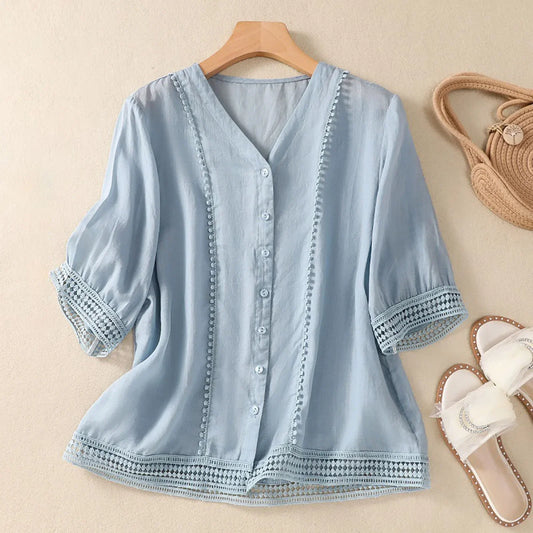 Lace Trim V Neck Blouse for Women – Lightweight Elegant Comfort