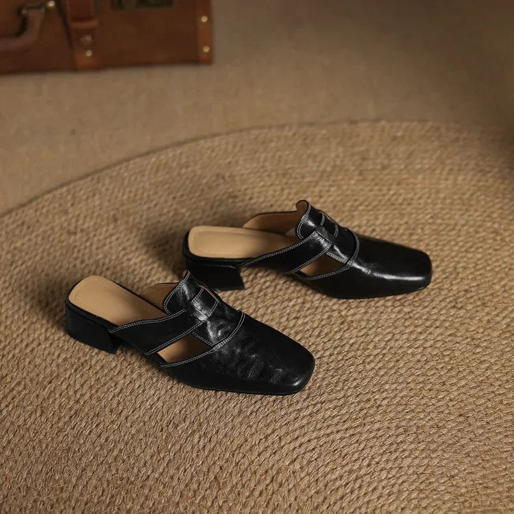 Minimalist Leather Mules with Block Heel